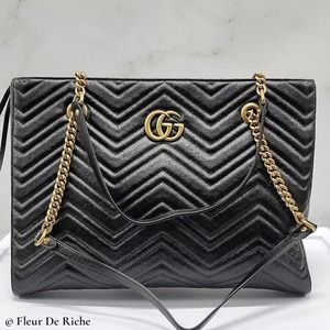 Gucci Calfskin Matelassé Medium GG Marmont Slim Tote Bag Black